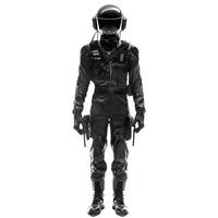 Futuristic soldier wearing black combat suit and helmet standing at attention photo