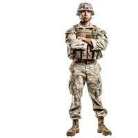 Us army soldier in camouflage uniform standing with his arms crossed photo