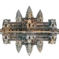Angkor wat temple reflecting on water with cloudy sky photo
