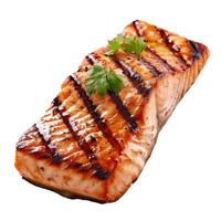 Grilled salmon fillet with parsley garnish on white background photo