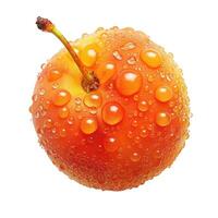 Ripe red plum covered with water droplets on white background photo