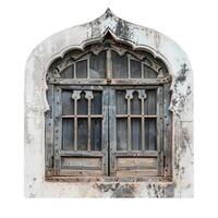Old wooden window with arch featuring ornate carvings is showing signs of age and weathering photo