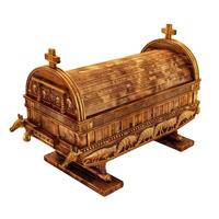 Noah's ark standing on wood surface with animal figures carvings photo