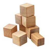 Wooden cubes creating unstable structure on white background photo