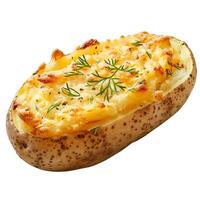 Baked potato with cheese and dill garnish on white background photo