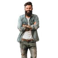 Handsome smiling bearded man with tattooes standing with folded arms photo