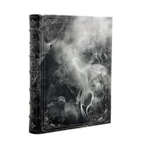 Ancient leather bound book with smoke creating abstract shapes photo