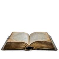 Old open book isolated on white background showing aged pages photo