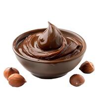 Bowl of chocolate hazelnut spread with hazelnuts around photo