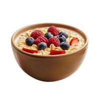 Oatmeal porridge with fresh berries in brown bowl isolated on white background photo