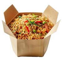 Wok noodles with chicken and vegetables in a cardboard box photo
