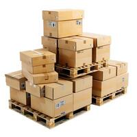 Cardboard boxes sitting on wooden pallets forming a big stack photo