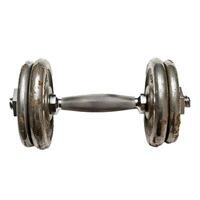Old weathered dumbbell isolated on white background showing concept of strength training photo