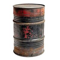 Old rusty metal barrel showing signs of corrosion standing on white background photo