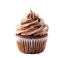 Delicious chocolate cupcake with swirled chocolate frosting on white background photo