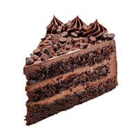 Delicious chocolate cake slice with chocolate chips and frosting on white background photo