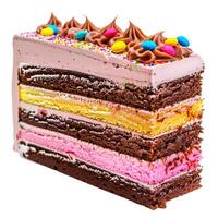 Delicious multicolored layered birthday cake with chocolate frosting showing filling layers photo