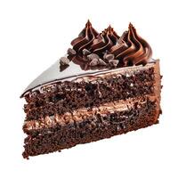Delicious chocolate cake slice with chocolate frosting and chocolate chips on top photo