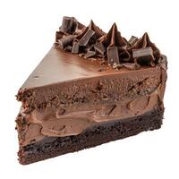Delicious chocolate cake slice covered with chocolate cream and shavings photo
