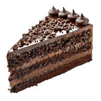Delicious chocolate cake slice decorated with chocolate chips and icing swirls photo