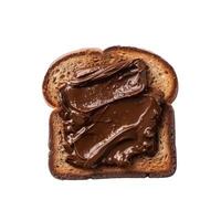 Toasted bread slice with chocolate spread on white background photo