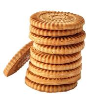 Stack of round cookies with one leaning against on white background photo
