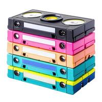 Stack of colorful vhs cassette tapes isolated on white background photo