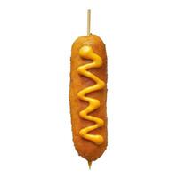 Delicious corn dog impaled on a wooden stick, drizzled with mustard on white background photo