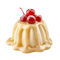 Creamy panna cotta dessert covered in caramel sauce and topped with cherries photo