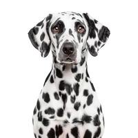 Dalmatian dog looking at camera on white background photo