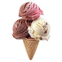 Stack of chocolate, vanilla and strawberry ice cream scoops in waffle cone photo