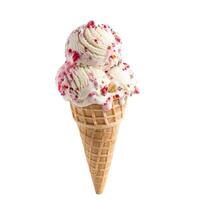 Ice cream dripping down waffle cone topped with raspberry sprinkles photo