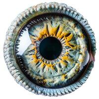 Reptile eye showing slit pupil and colorful iris in macro photography photo