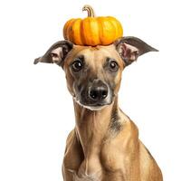 Whippet dog balancing miniature pumpkin on head photo