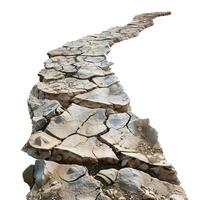 Dry cracked earth forming a path leading to infinity on white background photo