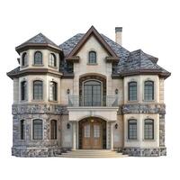 Classic stone mansion with balcony and many windows standing on white background photo