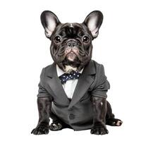 French bulldog puppy wearing suit and bow tie sitting on white background photo