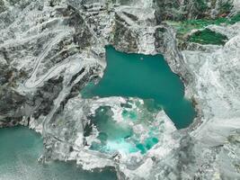 Open pit mine industry. Limestone quarry with backhoe and truck in operation. Heavy machinery in mining industry and construction material supply. Landscape of resource extraction in a industrial site photo