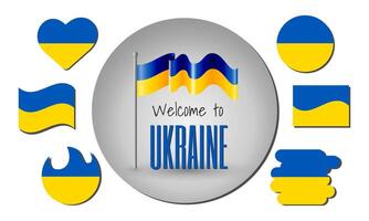 Waving flag of Ukraine with the inscription Welcome to Ukraine. Different versions of the flag in the shape of a heart, circle, arc, etc. vector