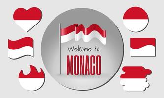 Waving flag of Monaco with the inscription Welcome to Monaco. Different versions of the flag in the shape of a heart, circle, arc, etc. vector