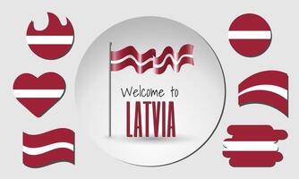 Set of Latvia flags and waving Latvian flag with the inscription Welcome to Latvia. vector