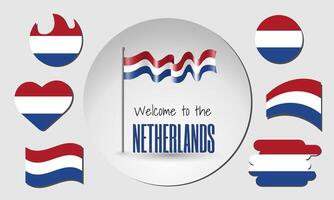 Set of Netherlands flags and waving Netherlands flag with the inscription Welcome to the Netherlands. vector
