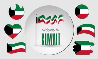Set of Kuwait flags and waving Kuwait flag with the inscription Welcome to Kuwait. vector