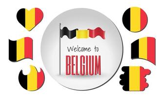 Waving flag of Belgium with the inscription Welcome to Belgium. Different versions of the flag in the shape of a heart, circle, arc, etc. vector