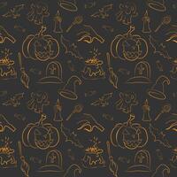 Seamless Halloween pattern with pumpkin, cauldron, and ghosts vector