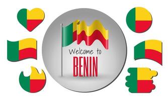 Waving flag of Benin with the inscription Welcome to Benin. Different versions of the flag in the shape of a heart, circle, arc, etc. vector