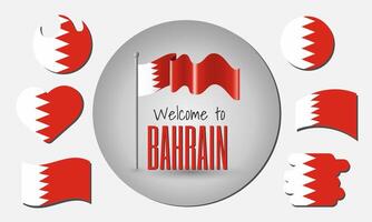 Waving flag of Bahrain with the inscription Welcome to Bahrain. Different versions of the flag in the shape of a heart, circle, arc, etc. vector