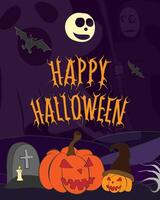 Spooky Halloween Scene with Pumpkins and Ghosts vector