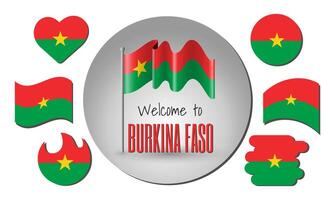 Waving flag of Burkina Faso with the inscription Welcome to Burkina Faso. Different versions of the flag in the shape of a heart, circle, arc, etc. vector
