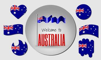 Waving flag of Australia with the inscription Welcome to Australia. Different versions of the flag in the shape of a heart, circle, arc, etc. vector